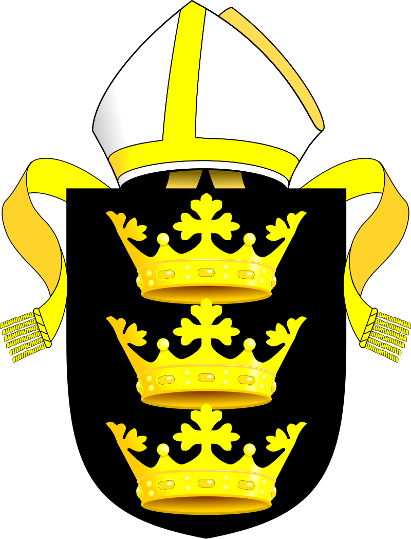 Coat of arms of the Diocese of Bristol, featuring three gold crowns stacked vertically, each adorned with a cross at the top. Above the crowns is a white bishop's mitre with gold trim and flowing golden ribbons. The design is set against a black background, symbolizing ecclesiastical authority and the diocese's historic significance.